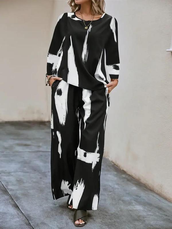 Plus Size Pop Art Print Asymmetrical Hem Blouse & Pocket Wide Leg Pants, Round Neck Long Sleeve Top & Trousers, Women's Two-piece Outfits for Daily Wear 8