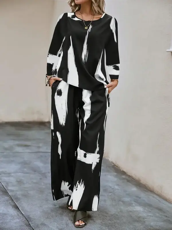 Plus Size Pop Art Print Asymmetrical Hem Blouse & Pocket Wide Leg Pants, Round Neck Long Sleeve Top & Trousers, Women's Two-piece Outfits for Daily Wear 8