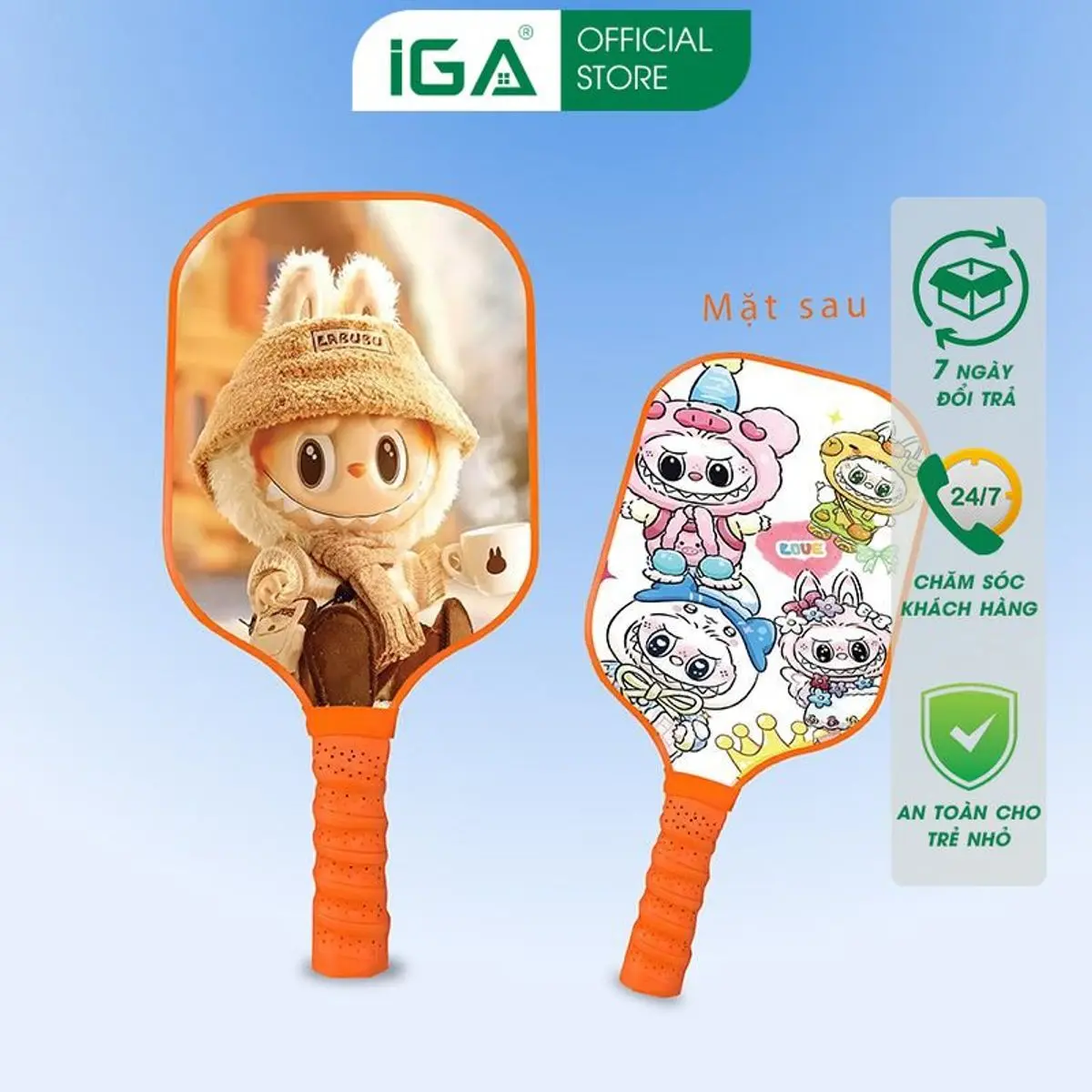 Vợt Pickleball in hình Labubu PK08.7 IGA cho trẻ em, trọng lượng 160g, kích thước 350mm x 170mm, cán vợt bọc PU êm ái