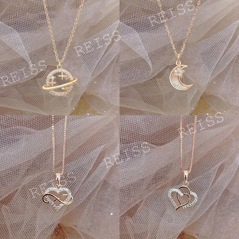 Vòng Cổ Mặt Dây Chuyền, Mạ Vàng Hồng 10k, Với Thiết Kế Hành Tinh, Mặt Trăng Và Trái Tim 0