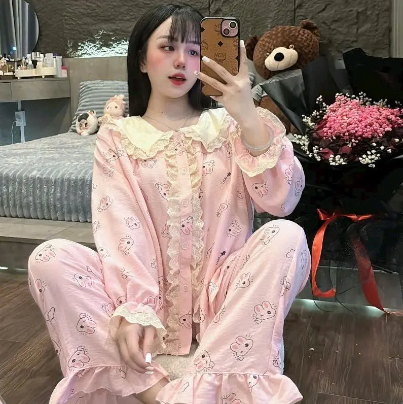 Hoa Nhí Ren Dọc , Đồ Bộ Vải Đũi Mềm Women Quần Ngủ Nhung Voi Kem Áo Top Nho Sen