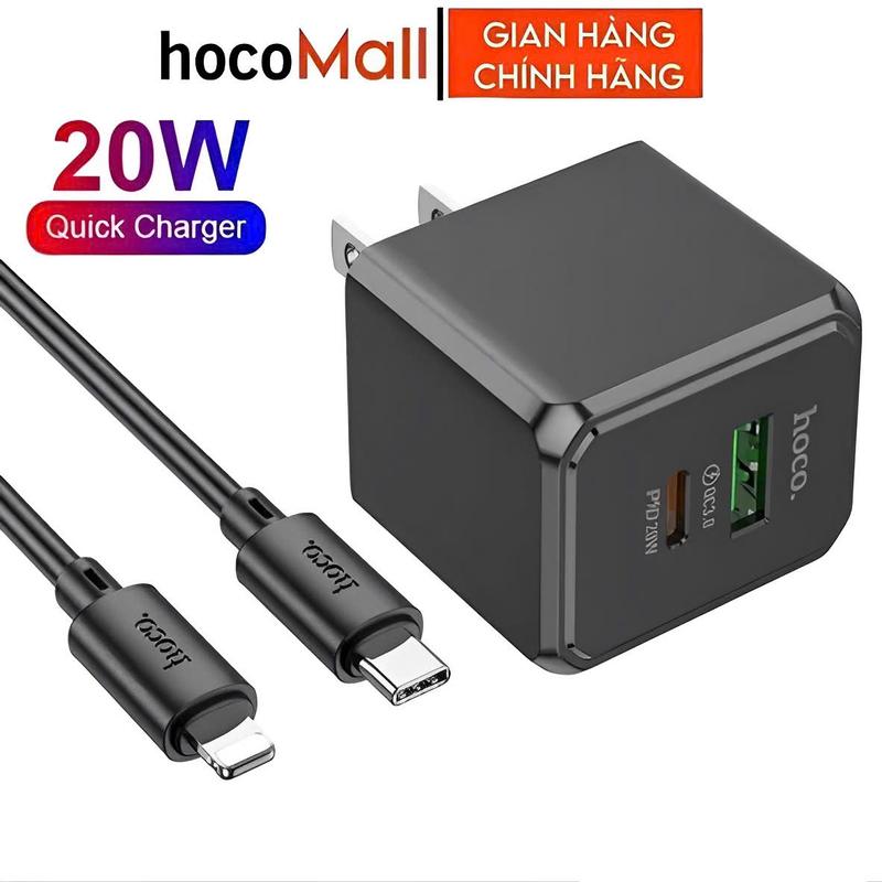 Bộ sạc nhanh 20w HOCO 2 cổng usb + type c Củ sạc kèm dây sạc nhanh dùng cho 11 12 PRO 13PROMAX  14 X XR XSMAX