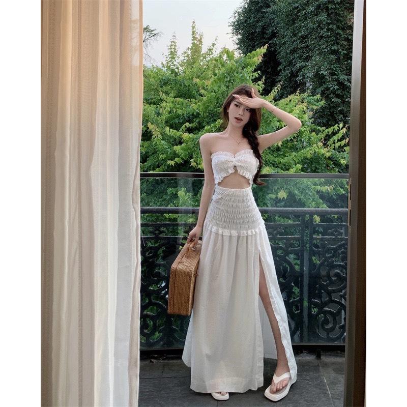 M867 - Đầm maxi nhún khoét eo trắng đi biển dáng dài xẻ tà