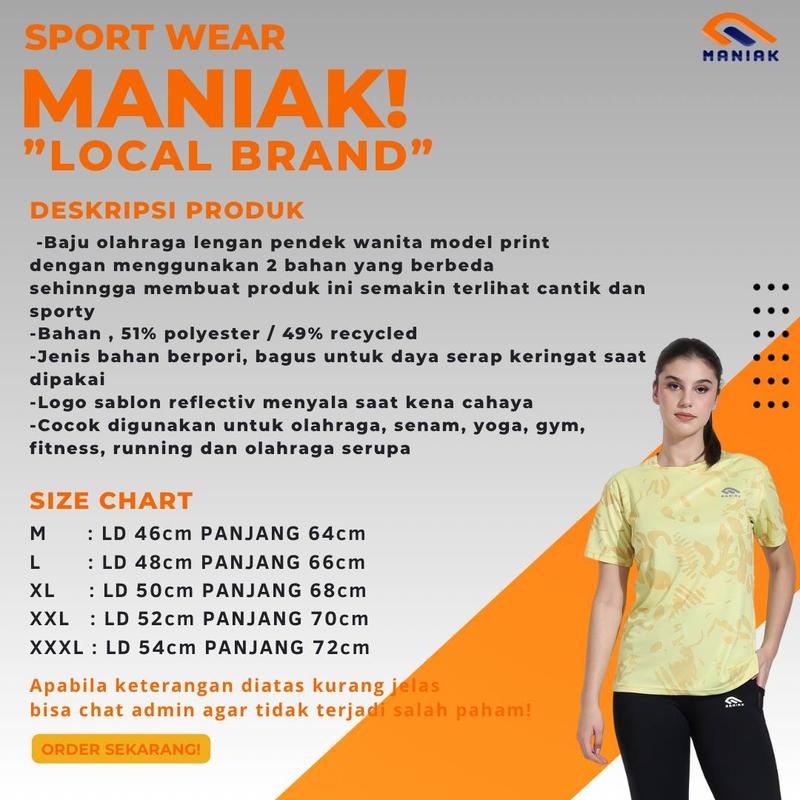 Product Introduction of MANIAK Baju Olahraga Lengan Pendek Wanita Corak Motif Atasan Senam Running Lari Zumba Gym Fitnes (MP02 S/S) 1