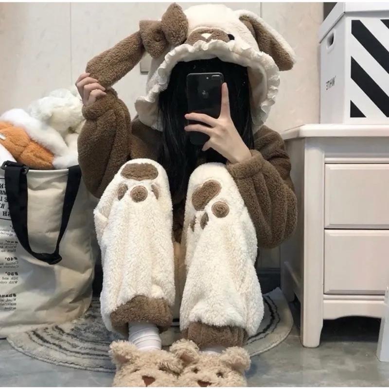 [KHO 2][FREESIZE] SET Đồ bộ nữ lông cừu, Đồ bộ nữ ủ kem nâu mũ bèo nơ size nhỏ 58kg dưới m65 An nhiên shop Women Áo