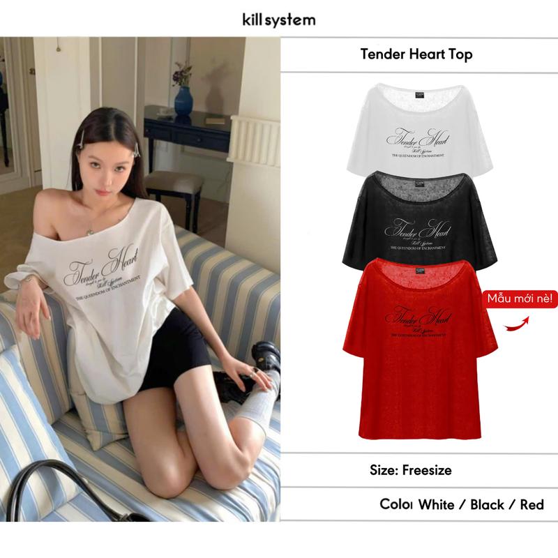 Áo thun nữ tay ngắn lệch vai xuyên thấu Tender Heart in chữ trắng đen - Killsystem