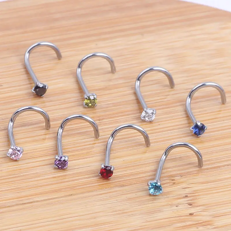 10pcs Stainless Stee Colorful Stainless Steel Rhinestone Curved Nose Studs Rings Bars Piercing