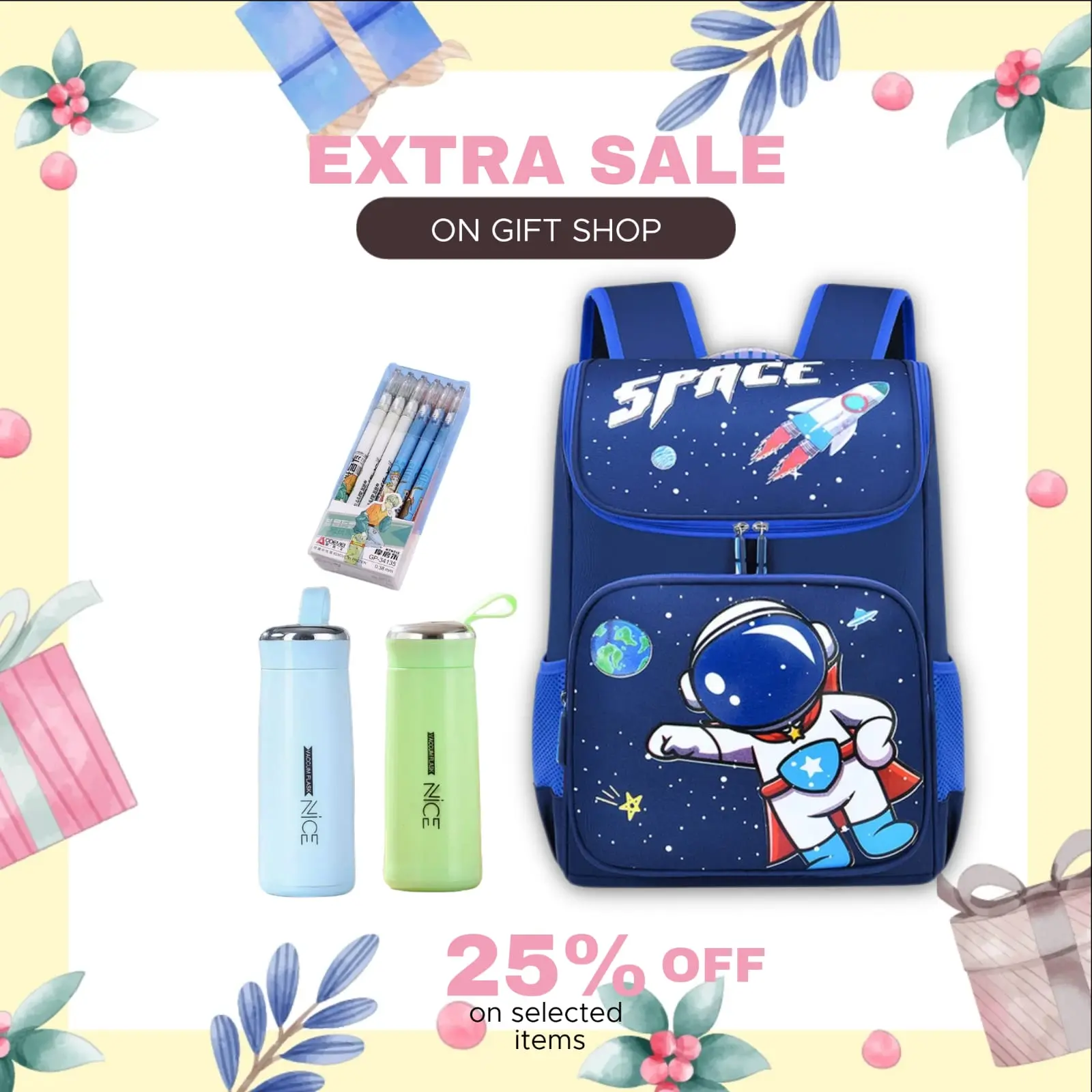 Ransel Anak Paud TK SD Gambar Astronot SPACE Terbaru Tas Fashion Anak Laki-laki Perempuan Gratis Botol Minum Kaca