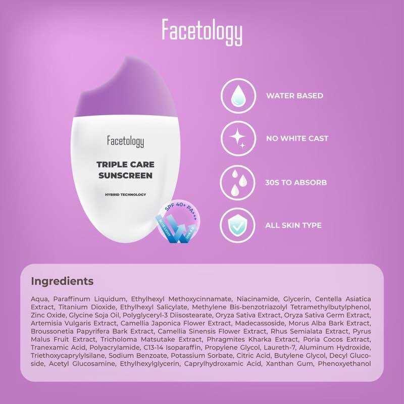 FACETOLOGY TRIPLE CARE SUNSCREEN HYBRID TECHNOLOGY SPF 40 PA+++ Acid Mencerahkan 1