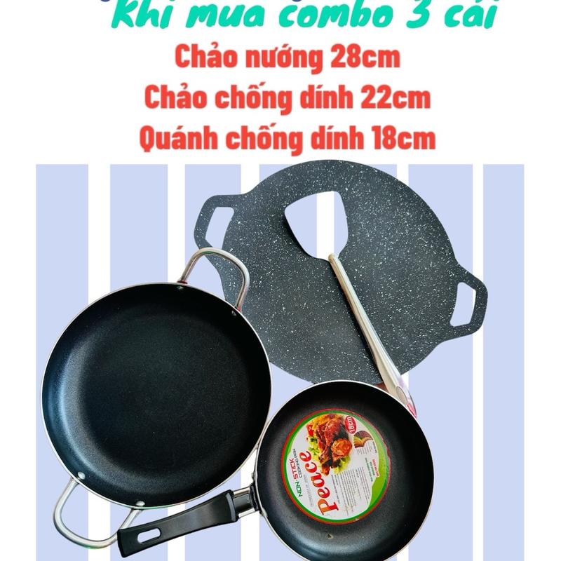 Combo 3 chảo chống dính tặng kèm 1 sạn inox nhỏ ( chảo nướng). Chảo bằng 22cm. Chảo chiên trứng 18cm ( không dùng bếp từ) chảo chốngdính