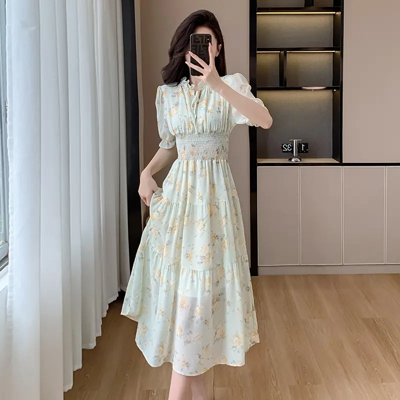 New French Floral Chiffon Dress Summer Women's Clothing Fashion Temperament Waist-Controlled Slim Cute Youth-Looking