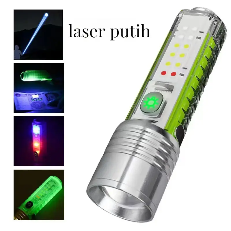 (dihantar dari Malaysia) Lampu senter putih laser baru yang boleh ditarik semula TyPE-C Lampu senter mini berfungsi berbilang merah dan biru Led Home Lighting Lights Portable