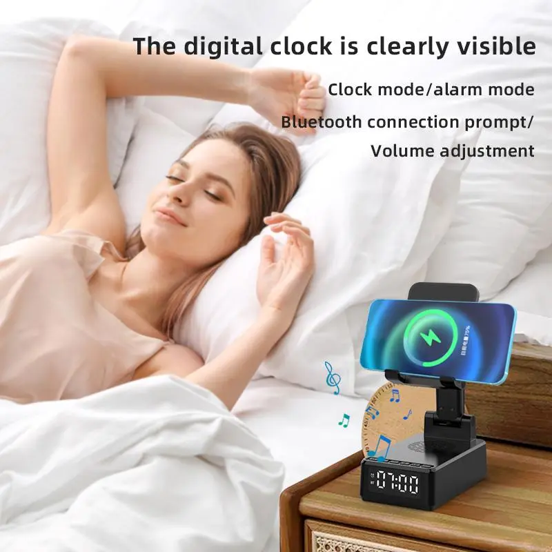 4 in 1 Phone Holder Support Wireless Charging, Multifunctional Wireless Charger with Alarm Clock, Adjustable Phone Stand for Home Office 3