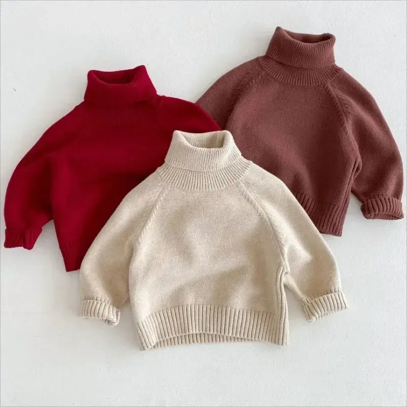 Kids Autumn Solid Turtleneck Sweaters Baby Boys Girls Winter Cotton Knitted Pullovers Children Causal Thicken Christmas Clothing
