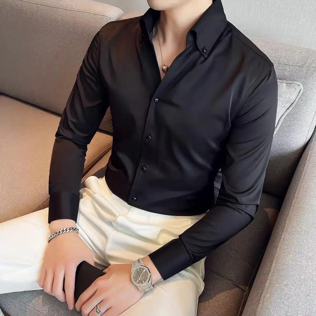 Áo sơ mi nam cách điệu công sở Đẹp, tay dài cao cấp form rộng hàn quốc ,vải lụa dày mịn không nhăn co dãn oversize Menswear Kate Jean