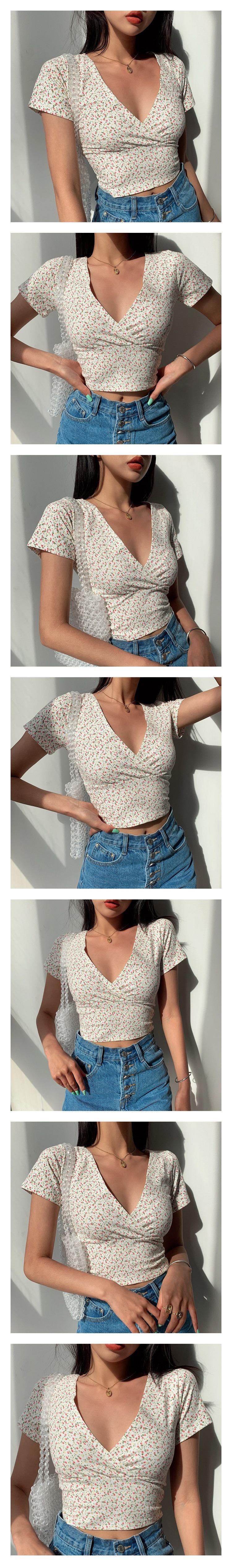 Product Introduction of Áo Thun Hoa Cổ Điển Mỹ Thiết Kế Chéo Cổ Chữ V, Dáng Ôm, Cropped Xén, ngắn Tay Áo, Áo Cánh Nữ Top Shirt Women 2