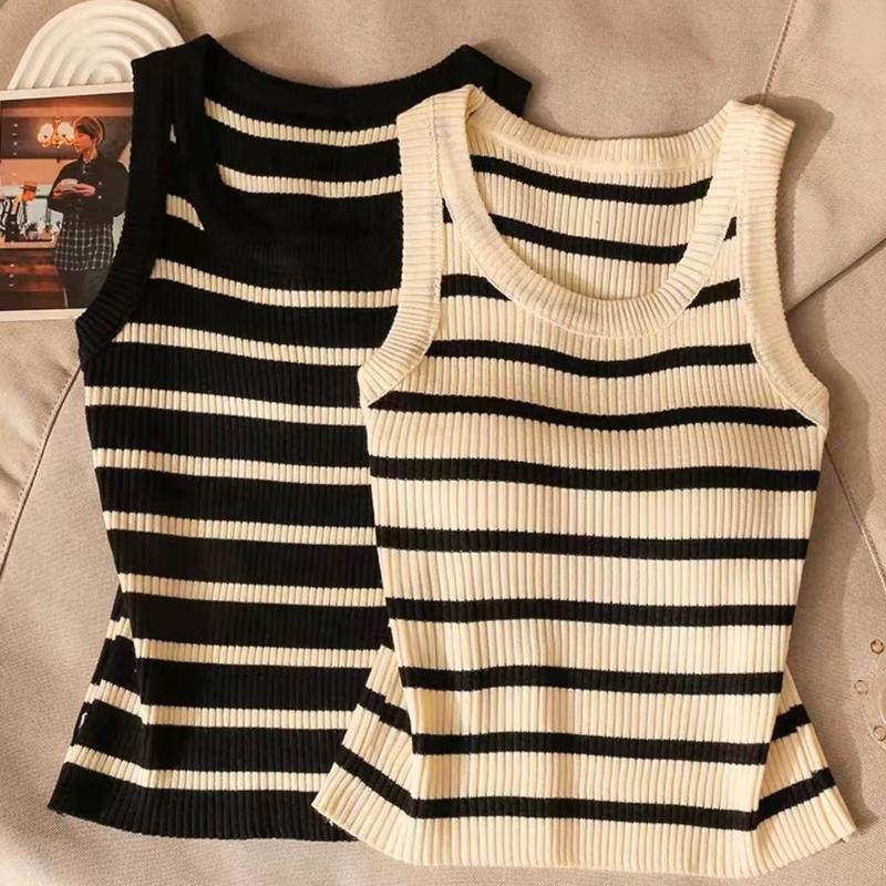 Áo Yếm Dệt Kim Sọc Mỏng, Hàng Mới Về Năm 2024, Dành Cho Nữ, Mặc Ngoài Trời Mùa Hè, Áo Lớp Cơ Sở Dễ Phối Đồ Váy Băng Quấn Áo Vest