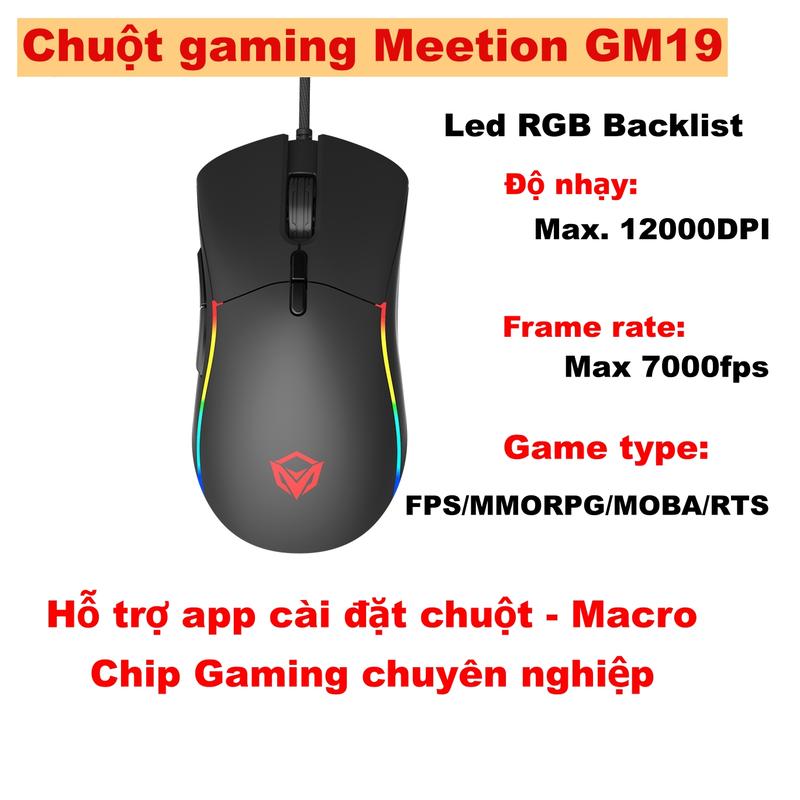 Chuột Gaming Meetion GM19 Có App Cài Macro Độ Nhạy Max 12000DPI Led RGB Tùy Chỉnh Phù Hợp Chơi Game Chuyên Nghiệp
