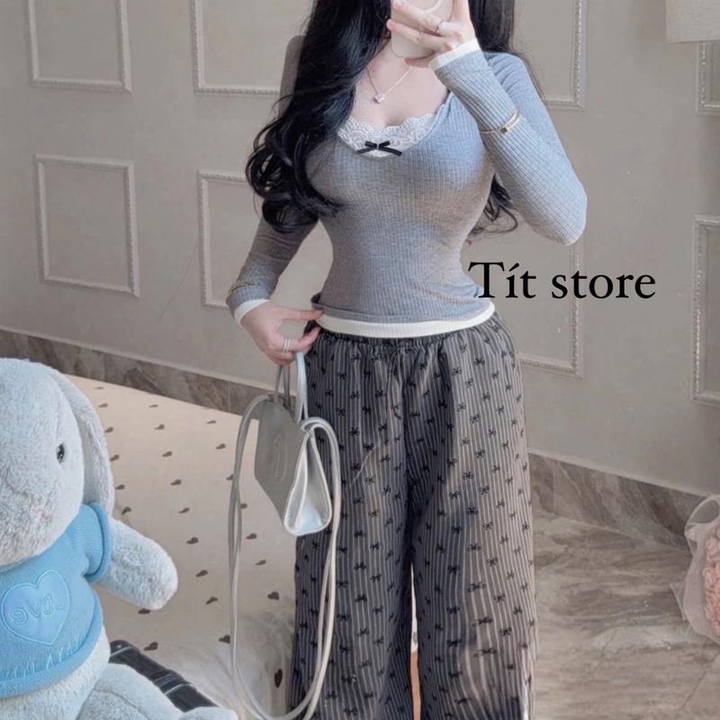 Set Áo Tay Dài Xám Phối Ren Trắng Viền Trắng Kèm Quần Suông In Nơ Mini - Nữ Women Top-X49 6