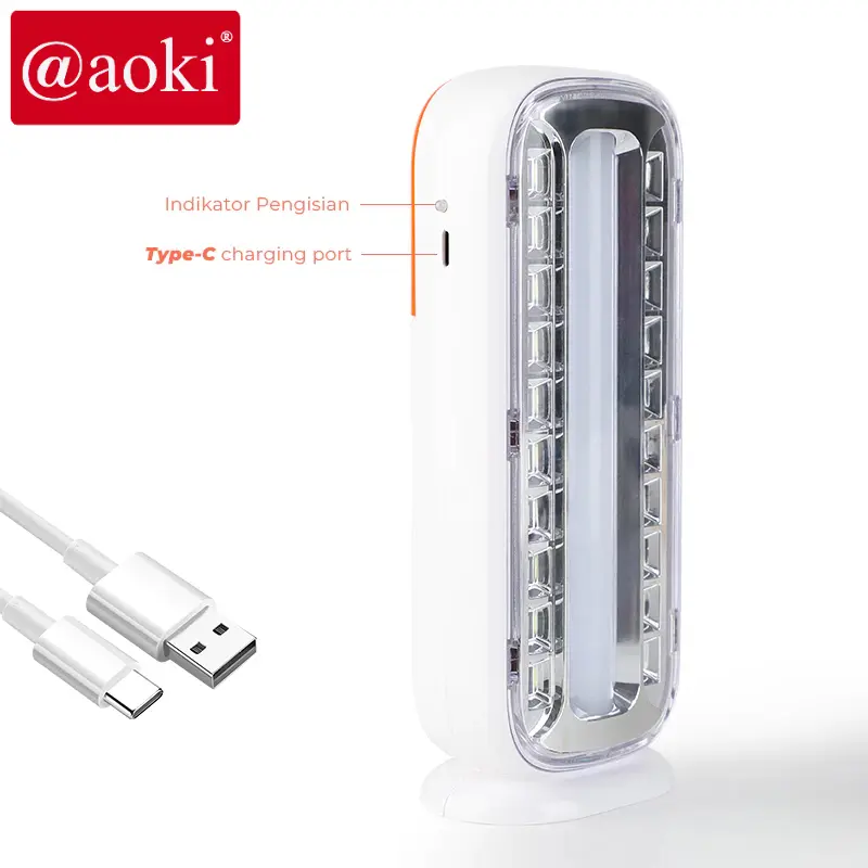 AOKI Lampu darurat baterai lithium 35SMD 20JAM USB-C baterai dapat diganti tube tahan lama 5
