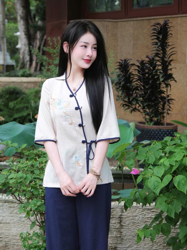 Tinh Nhi đồ lam đi lễ cúc chéo thêu hoa tiểu thư thanh lịch PP220 Nhung Áo Nữ Top Women 6