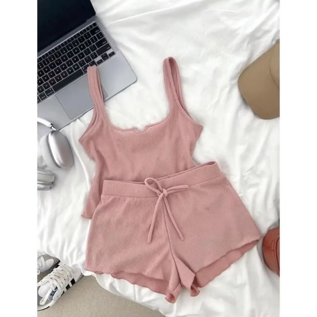 Bộ Đồ Ngủ áo cổ U kèm quần đùi cuốn biên nhiều Màu Trơn Phong Cách Hàn Quốc Dành Cho Nữ mã dt42 size dưới 55kg