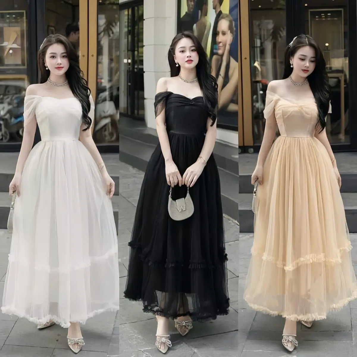 Đầm Thiết Kế Dự Tiệc Phong Cách Tiểu Thư Voan Lưới Xoè 3 Lớp Dáng Trễ Vai - Đầm Dự Tiệc - Váy Tiểu Thư