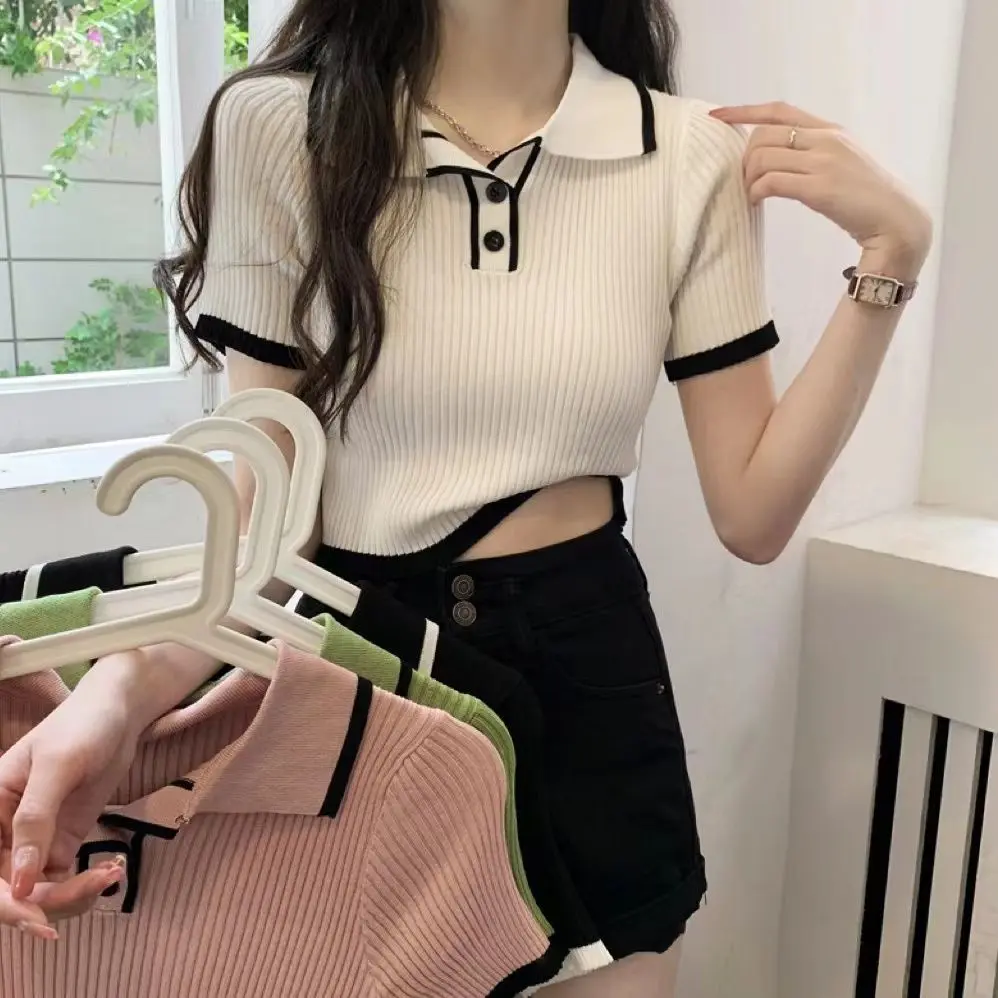Contrast Color Polo Collar Women's Knitted Short-Sleeved T-shirt Women's All-Match Fashion Slim Fit High Quality Comfortable Short Top Clothes