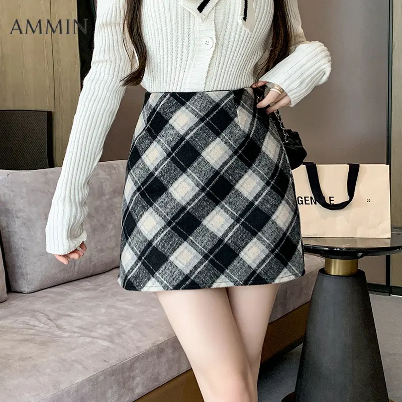 AMMIN Korean style retro contrast color skew plaid tweed wrapped hip skirt women 2024 spring and autumn small high-waisted slimming A-line anti-slip skirt