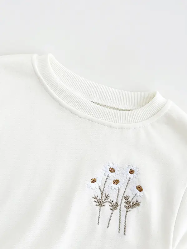 Baby's Solid Flower Embroidery Long Sleeve Sweatshirt & Elastic Waist Pants Two-piece Set, Casual Spring & Fall Outfits for Infant, Newborn Baby Clothes Gifts 4