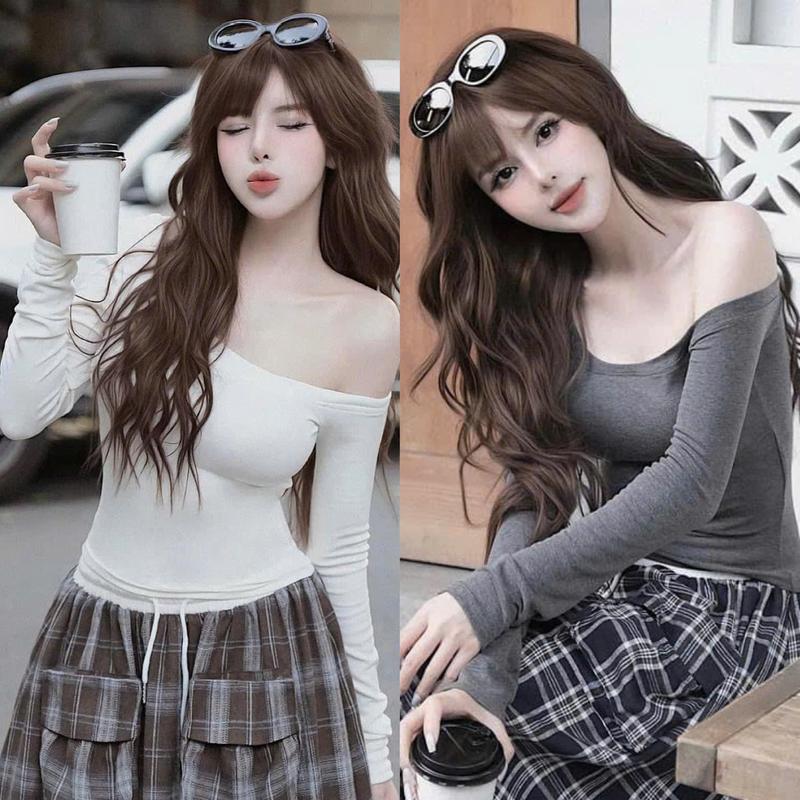 Áo thun lệch vai Trơn Dài Tay - A378 Nữ Top