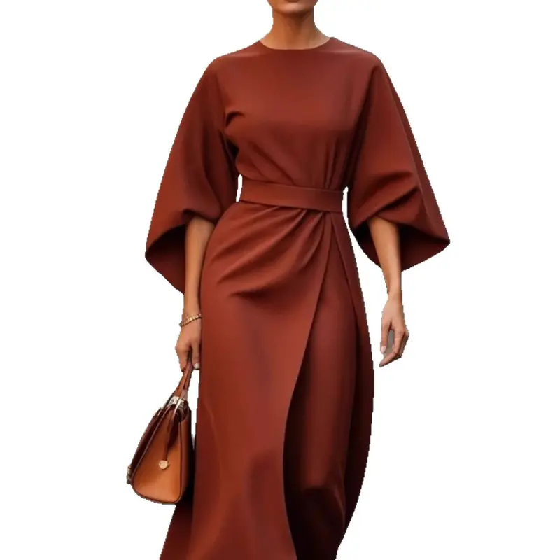 2025 Spring Summer Women's Fashion European and American Cross-border Elegant Solid Color Waist-cinching Dress Casual Batwing Sleeve Long Dress Modesty Formal Green 3