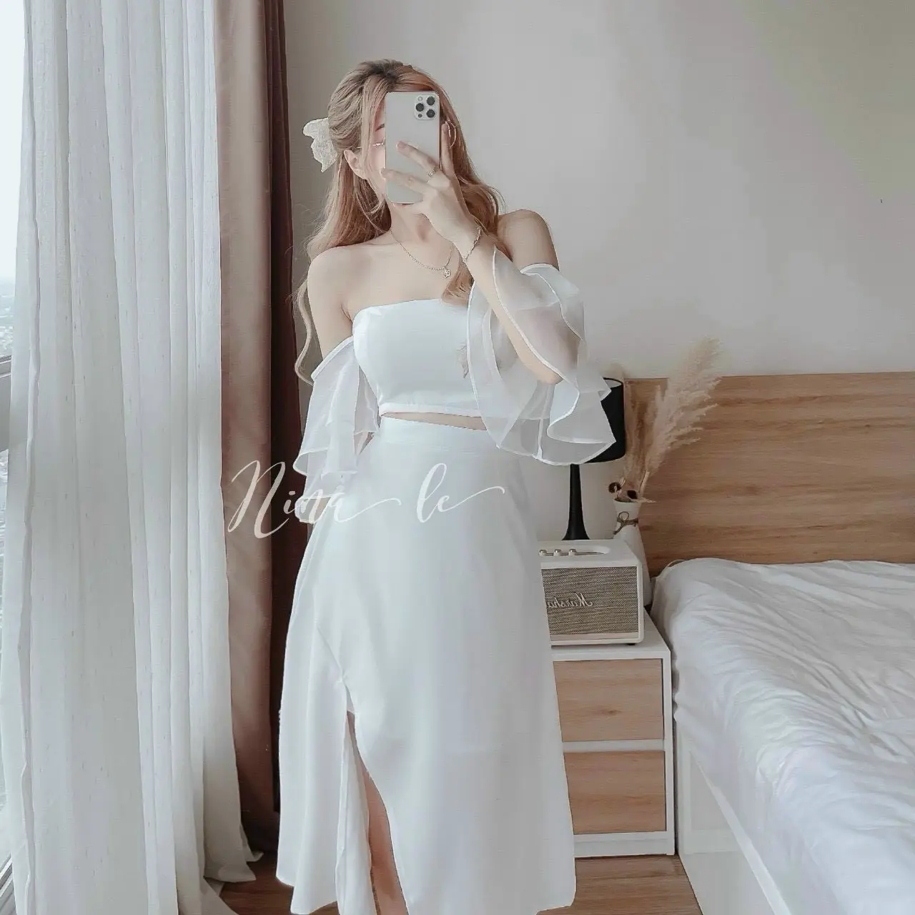 Set áo trễ vai cúp ngực tay rớt bèo kèm chân váy xẻ tà nữ dress women trắng Kem Top