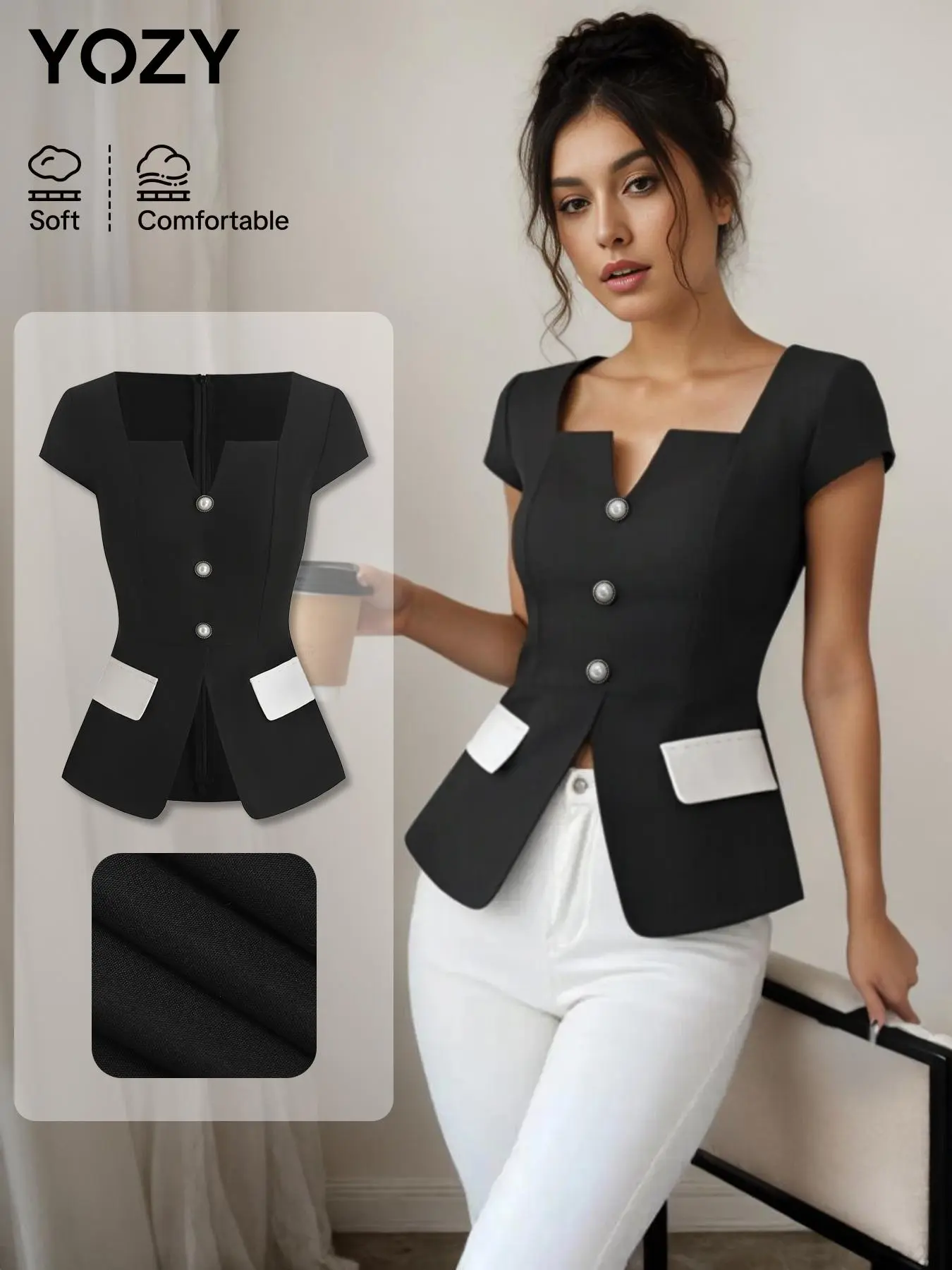 YOZY Women's Colorblock Zipper Suit Vest, Elegant Fashion Casual Notched Neck Suit Vest for Work Office Business, Ladies Clothes for All Seasons