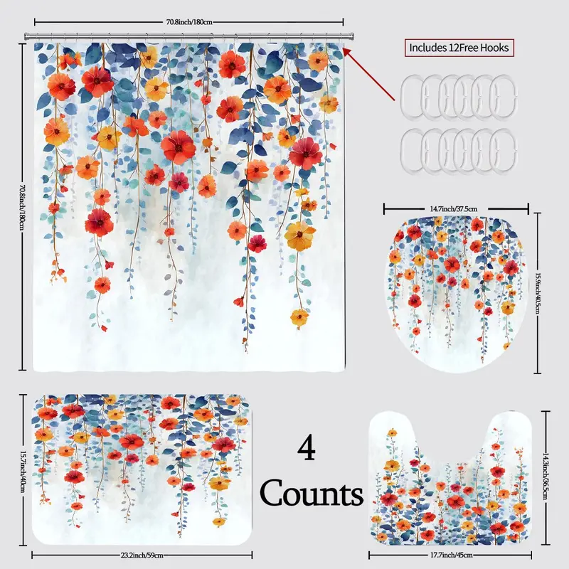 Floral Pattern Bathroom Curtain Set, 1 Set Shower Curtain & Toilet U-shape Mat & Floor Mat & Toilet Lid Mat, Waterproof Shower Curtain Set 1