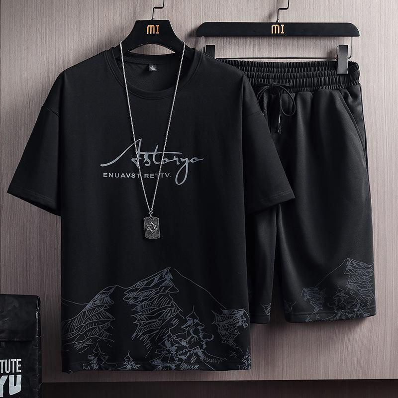 Short-Sleeved T-shirt Suit Men's Summer New Snow Mountain Printing Fashion Trendy Slim Fit Large Size Sports Two-Piece Suit 1