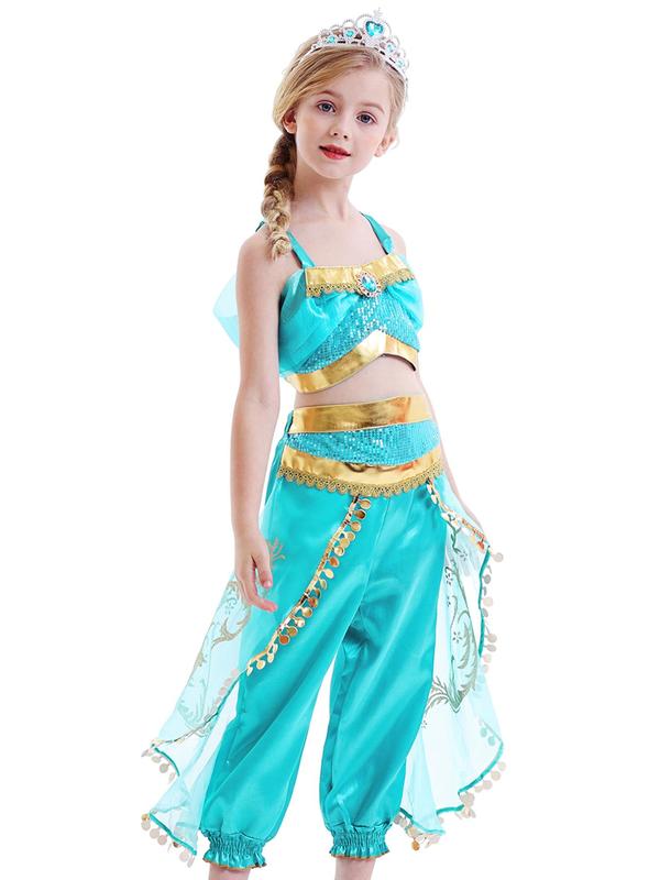 Girl's Artificial Gemstone Decor Cami Top & Contrast Sequin Mesh Pants Set with 3pcs Accessories, Princess Cosplay Performance Costume, Kids Summer Party Wear 3