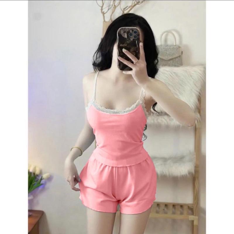 RẺ VÔ ĐỊCH Sét bộ ngủ đồ bộ nữ áo 2 dây ren kèm quần đùi cuốn biên viền chất vải thun tăm quảng châu mã tp24