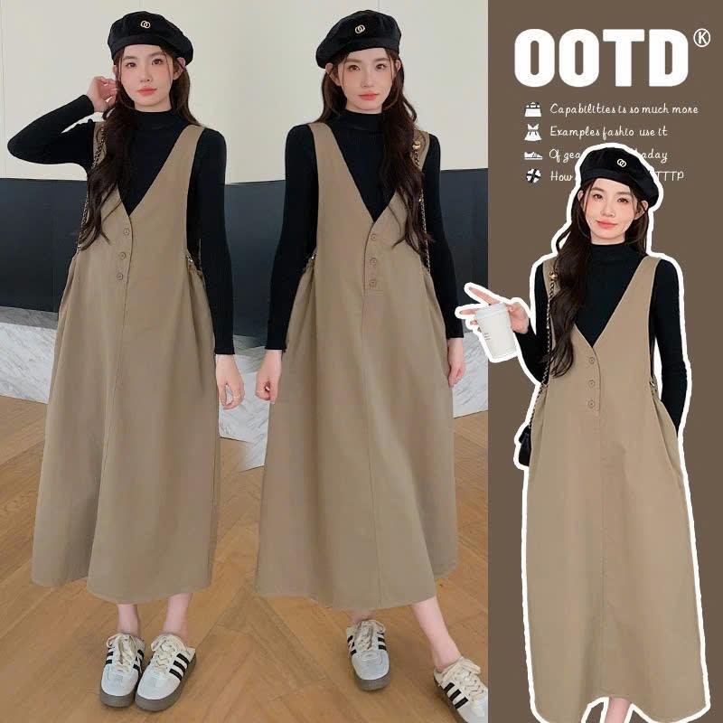 Váy bầu thu đông đẹp Sét yếm bầu công sở cho mẹ bầu thiết kế gồm Yếm Kèm Áo Tăm Dài Tay SY11 Set váy bầu trẻ trung Đầm bầu váy bầu