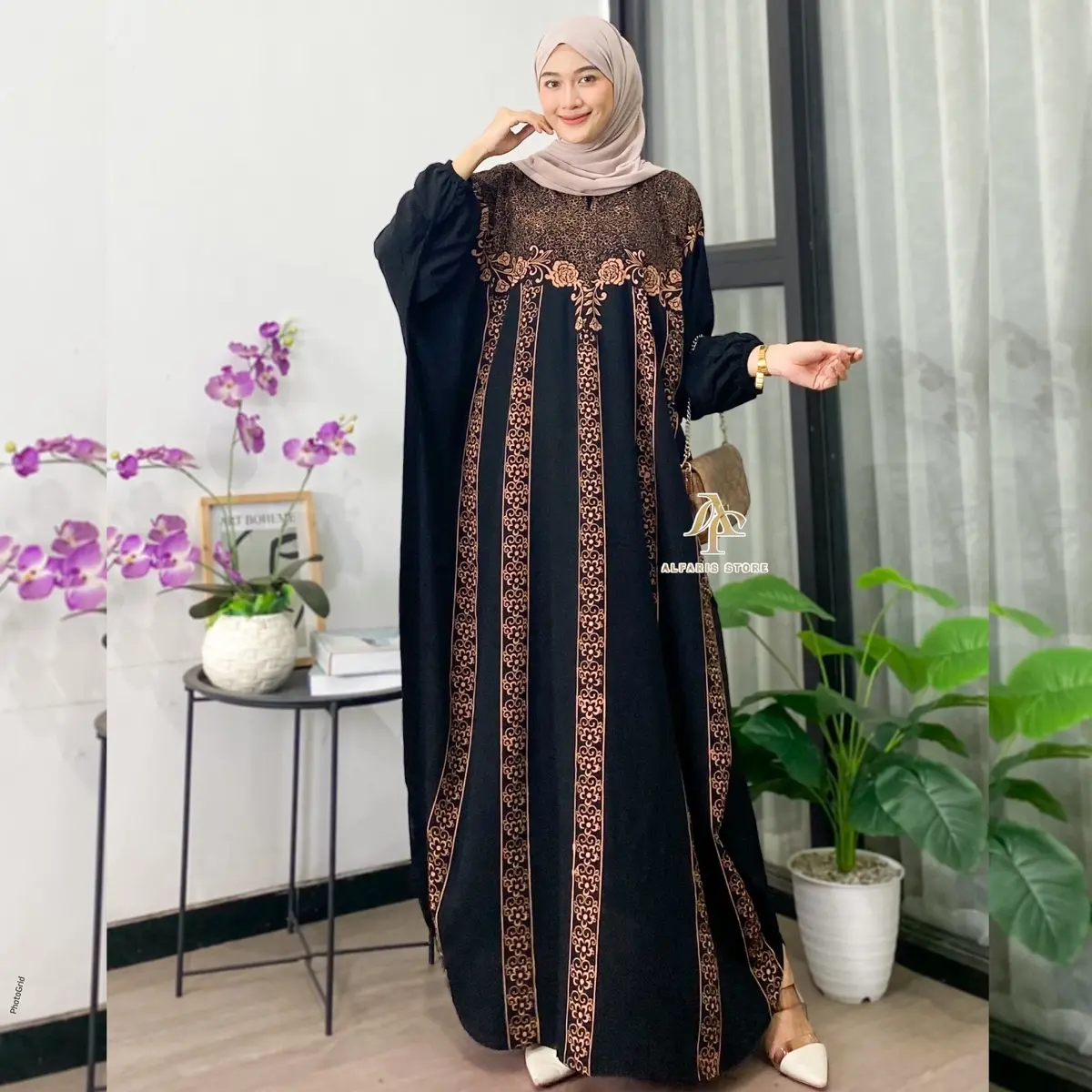 Kaftan Rayon Jumbo Motif Bear Dendana Ld 180 cm Gamis Panjang Muslim Wanita
