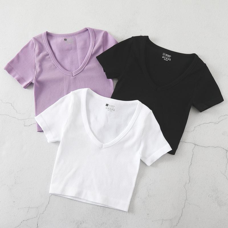 Product Introduction of European and American Yoga Wear Sexy Stretch Yoga Seamless Sports Top Short Sleeve V-Neck Slim Fit Solid Color Ribbed T-Shirt 1