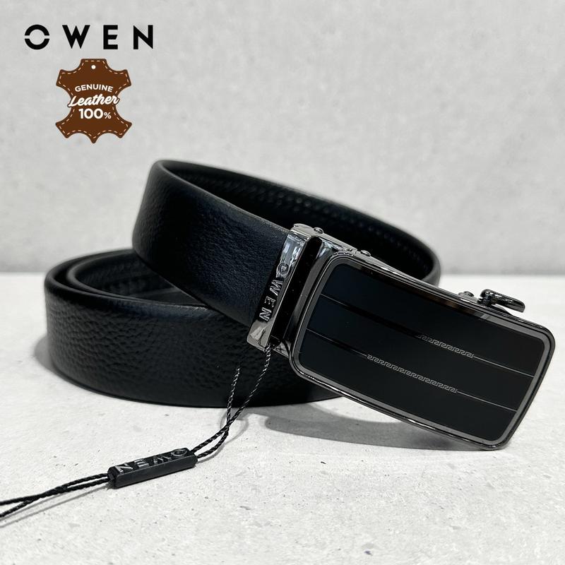 OWEN - Thắt lưng da Owen 232612  màu ĐEN / mặt khóa trượt - 100% da bò thật dâ y _ n ị t th ắ lư ng