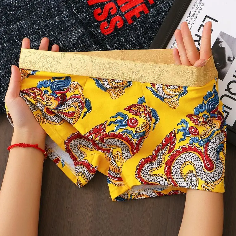 Firstrich-Popular Dragon Pattern Birth Year Men'S Underwear Purified Cotton Boxer Youth National Fashion Boys Boxers Underpants Dragon Year