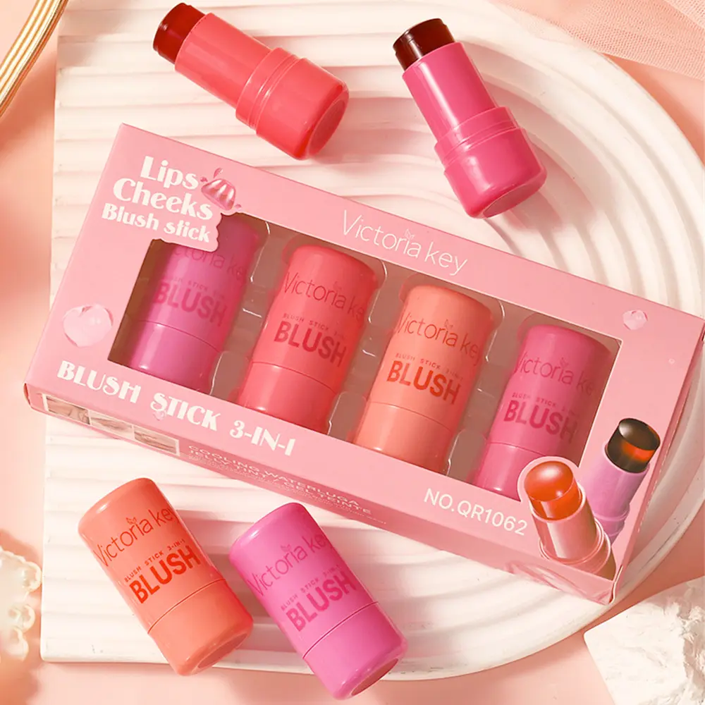 Solekan Jeli Pemerah Pipi  Kunci Victoria  Set Empat Keping  Pelembap  Kilauan  Kontur Alamiah Set Krim Pemerah Pipi Dwi Guna untuk Bibir dan Pipi Blush Makeup