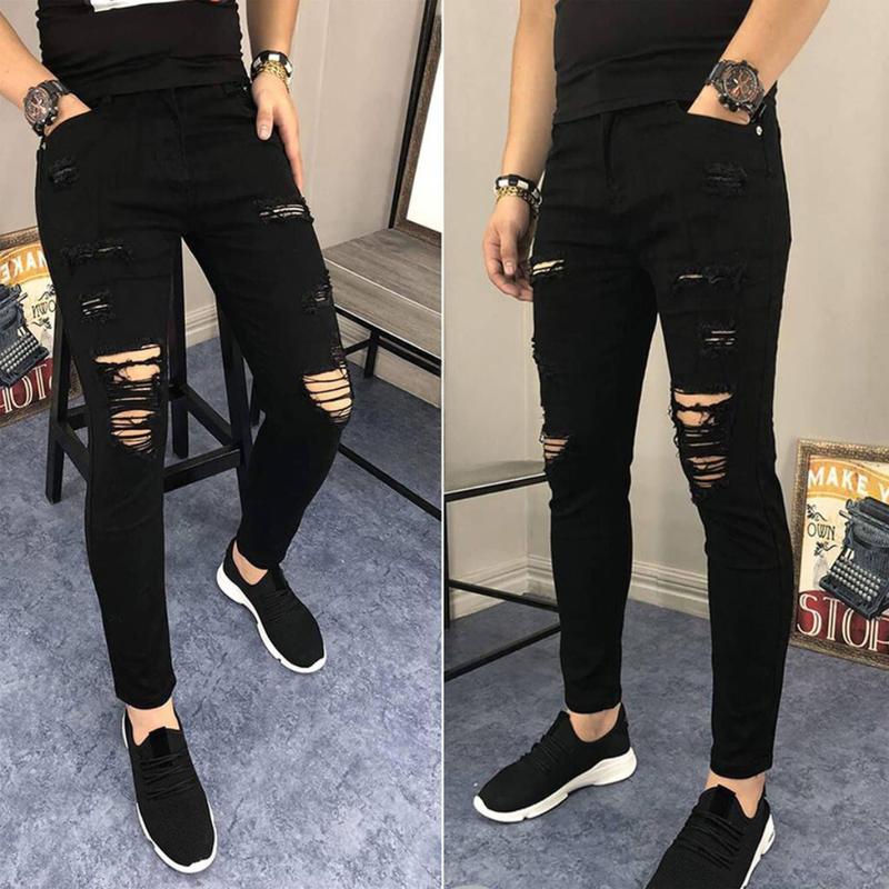 Quần jean nam đen trắng rách nhiều boy phố chất bò co giãn form skinny ống đứng cao cấp-AHMENS Menswear Pants Ong Có Túi