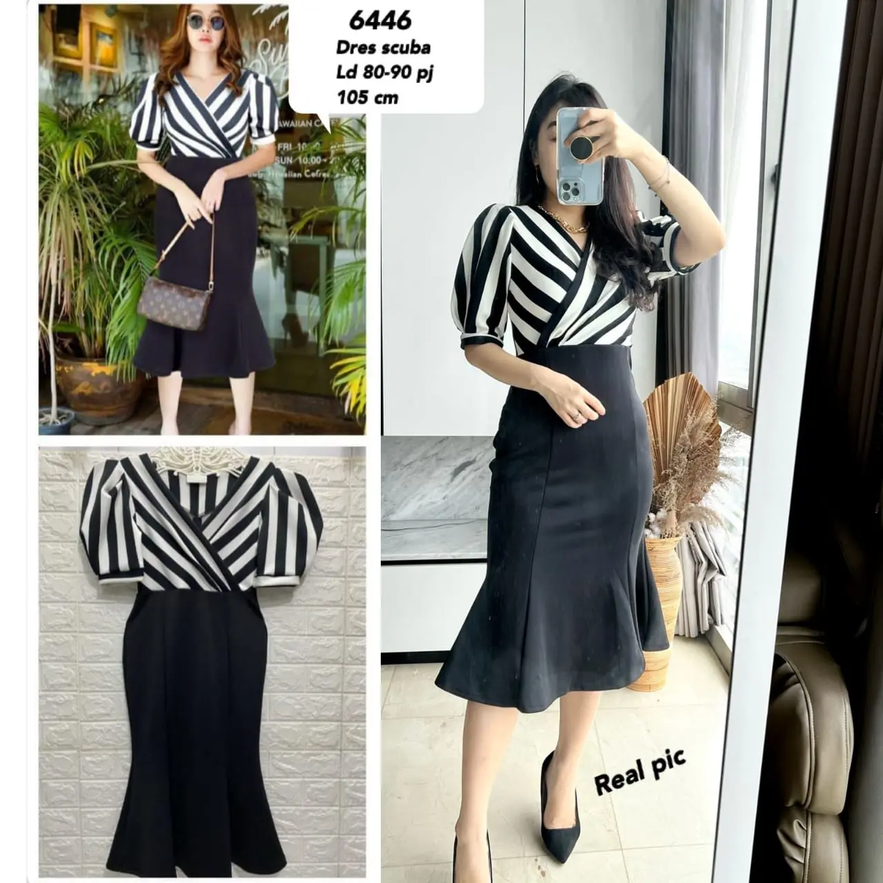 DRES MERMAID WANITA SCUBA STRIP 6446/8041 MV Casual Fit Baju Panjang