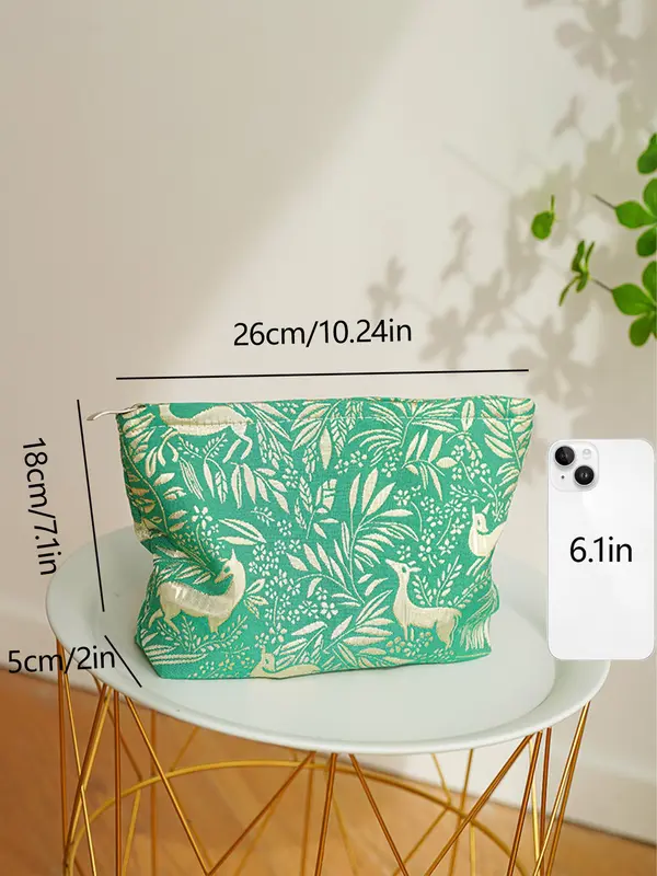 Deer & Leaf Print Makeup Bag, Large Capacity Cosmetic Storage Bag, Portable Travel Toiletry Bag, Zipper Makeup Organizer Pouch 5
