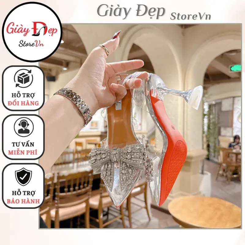 Giày Cao Gót Bít Mũi Nhọn 9cm Gót Mica Trong Suốt Quai Hậu Phối Nơ Đính Đá Xinh Sang Lên Chân Tôn Dáng Sandal Sục Cao Gót 9p Giày Đẹp Storevn TD 0