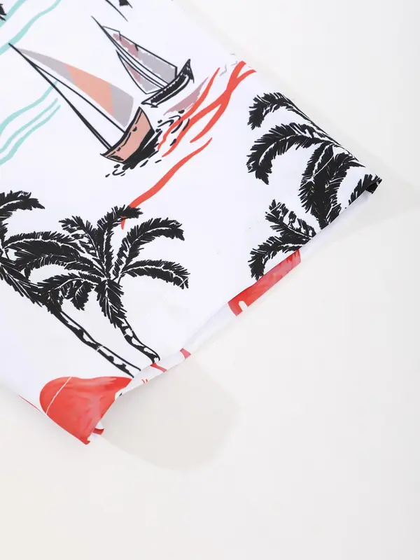 Men's Tropical Print Button Front Two-piece Set, Regular Fit Short Sleeve Shirt & Drawstring Pocket Shorts, Men's Outfits for Summer Beach Vacation 5
