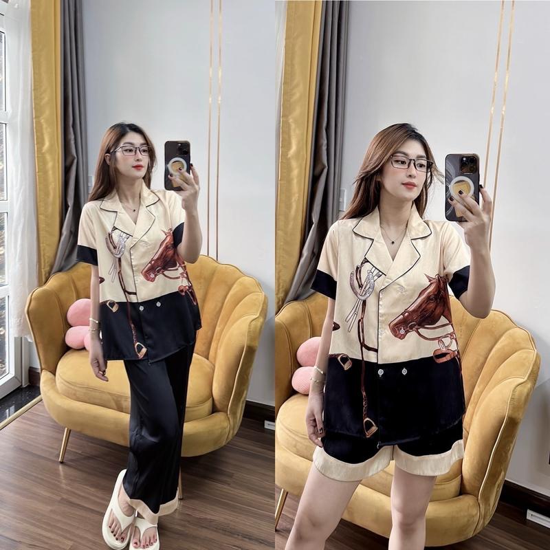 Bộ ngủ pijama mặc nhà cho nữ ngựa vest 6 nút quần suông có túi Nữ